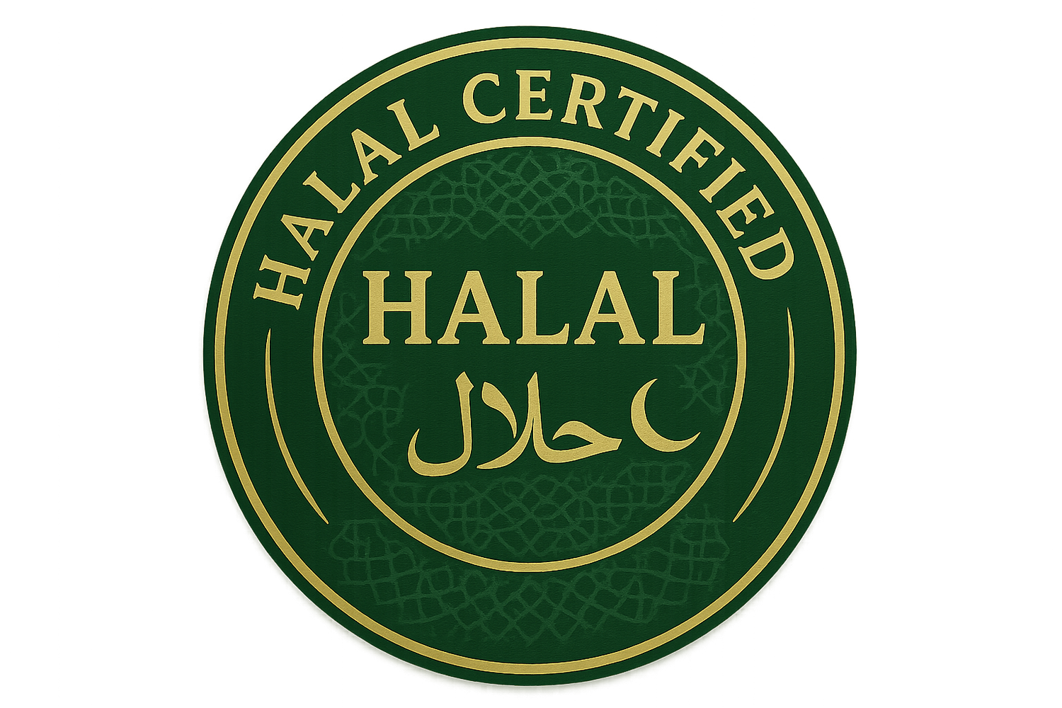 Halal certification badge with green and gold colors, featuring "HALAL" in English and Arabic script with crescent moon symbol