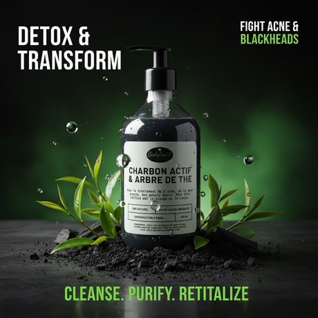 Vibrant charcoal tea tree liquid soap for ads