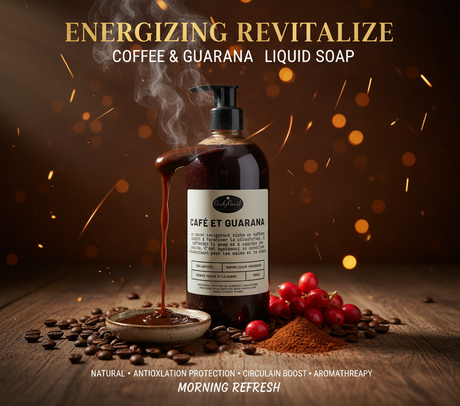 Vibrant coffee guarana liquid soap for ads