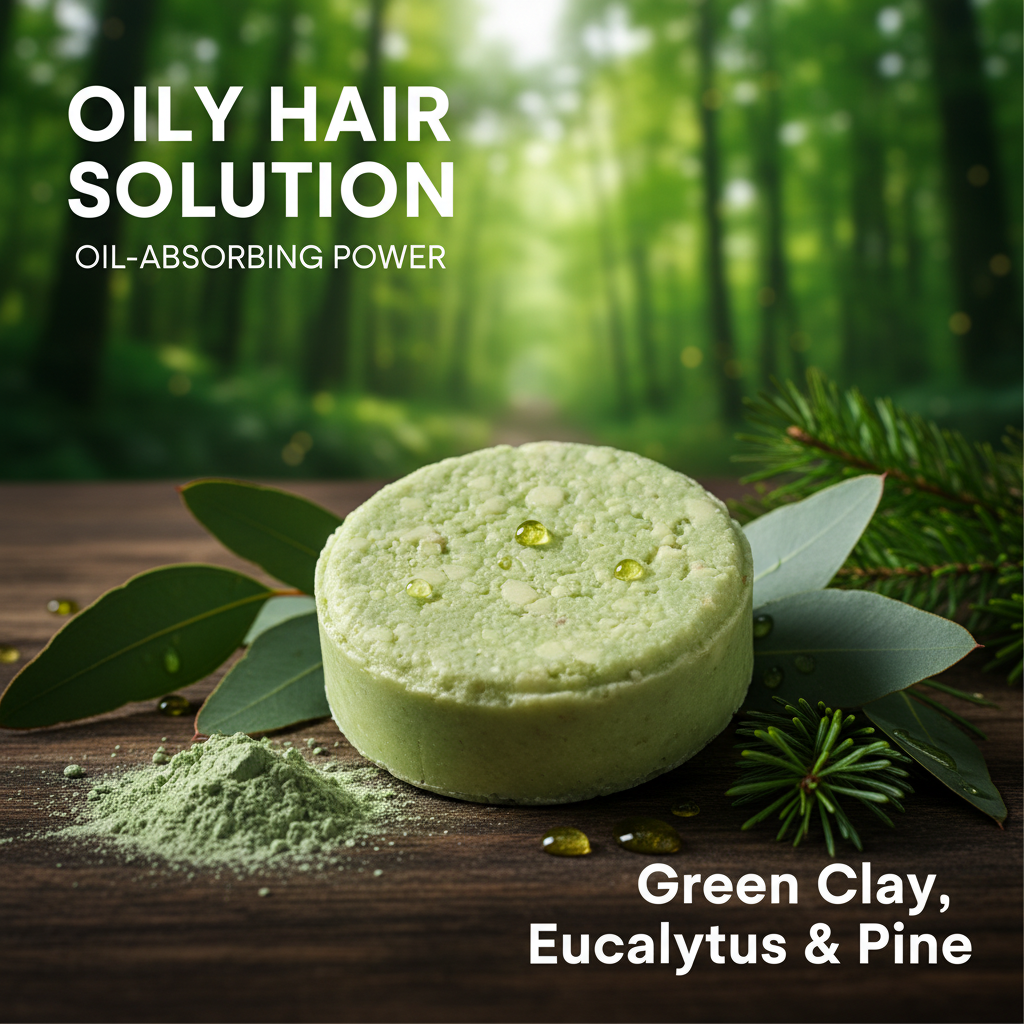 Vibrant green clay eucalyptus pine oily hair shampoo for ads