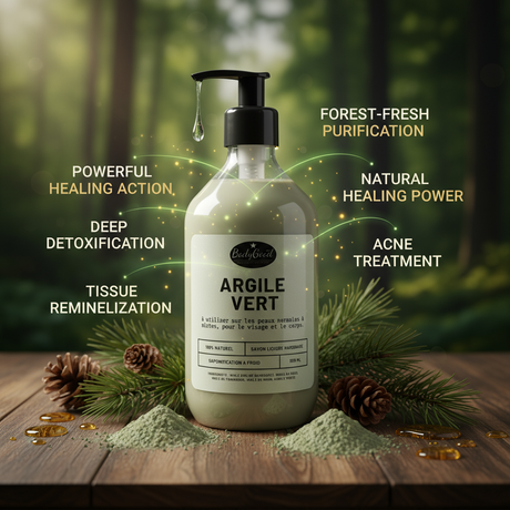 Vibrant green clay liquid soap with pine oil for ads