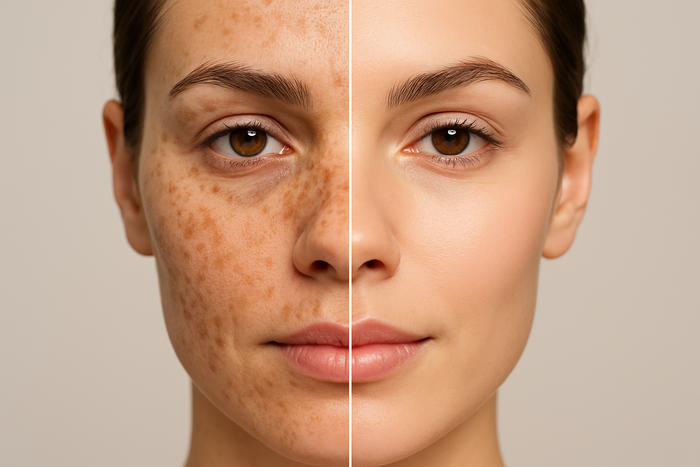 A face with one side brown spots and other side clear, in order to show the before and after results 
