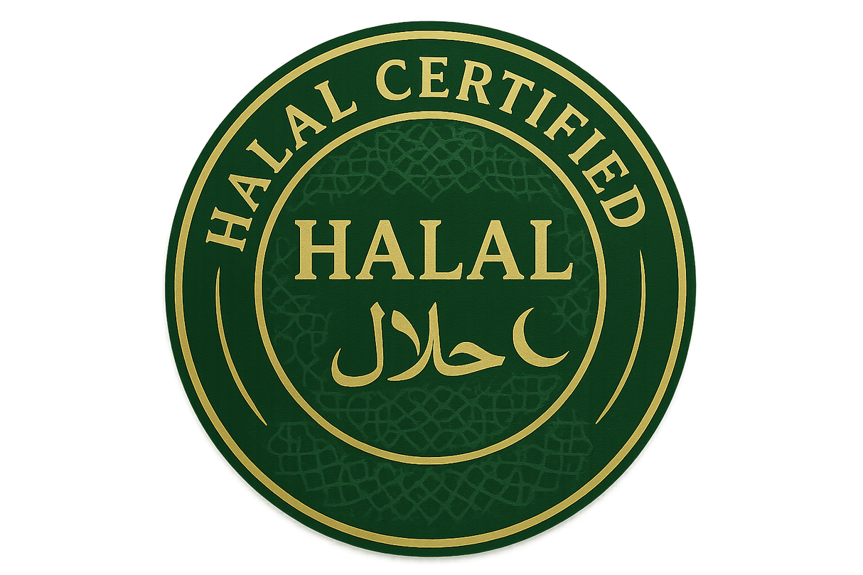 Halal certification badge with green and gold colors, featuring "HALAL" in English and Arabic script with crescent moon symbol