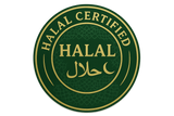 Halal certification badge with green and gold colors, featuring "HALAL" in English and Arabic script with crescent moon symbol