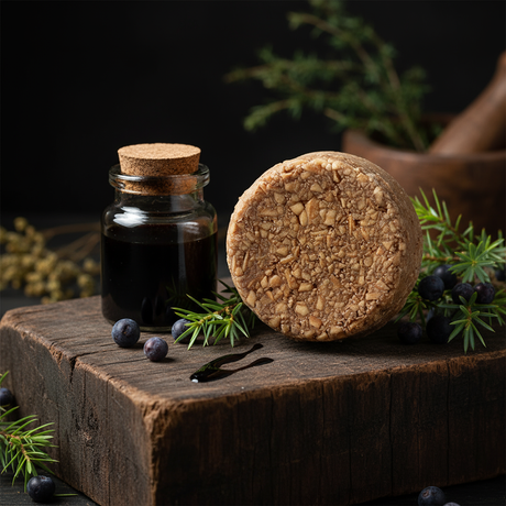 Vibrant juniper tar oil shampoo bar for ads